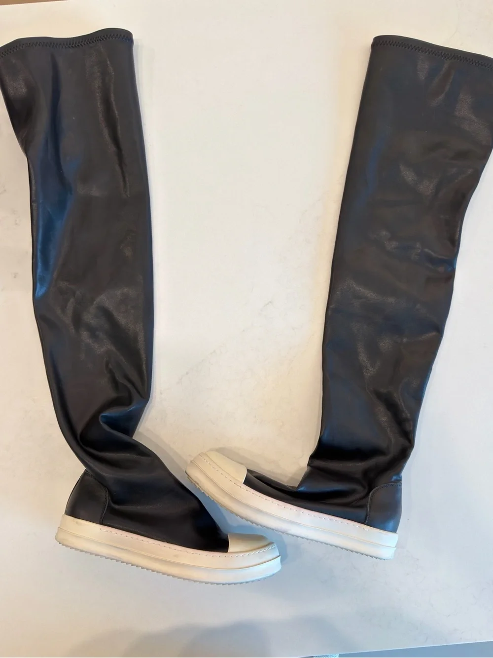 Rick Owens Black Over-the-Knee Slip-On Leather Boots with White Sole